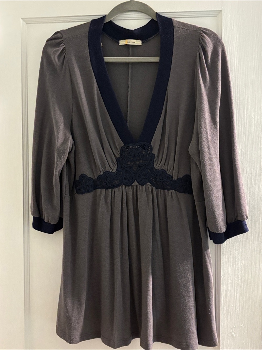 Women's V-Neck Empire Waist Tunic with Navy Trim - Gray